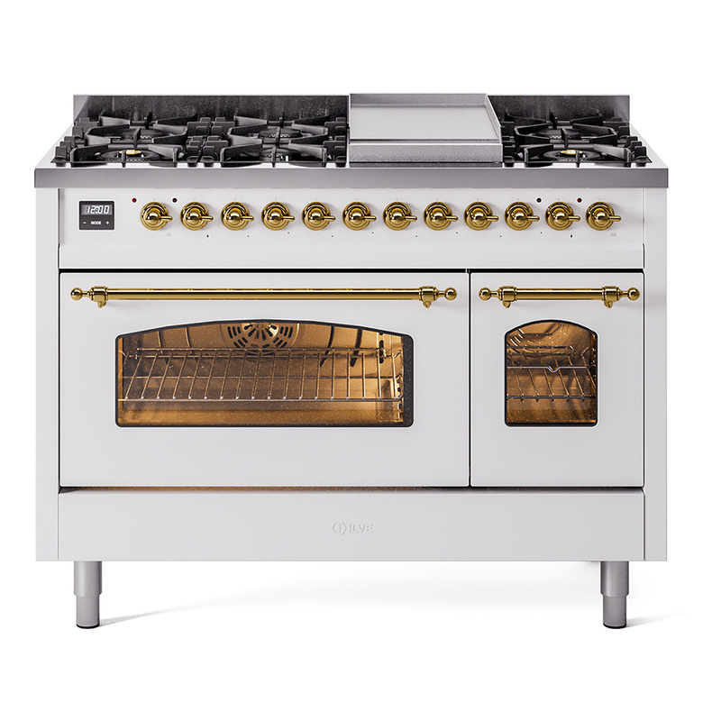 ILVE UP48FNMPWHG Nostalgie II 48" Dual Fuel Range (8 Sealed Burners + Griddle, Natural Gas, Triple Glass Door, White, Brass)