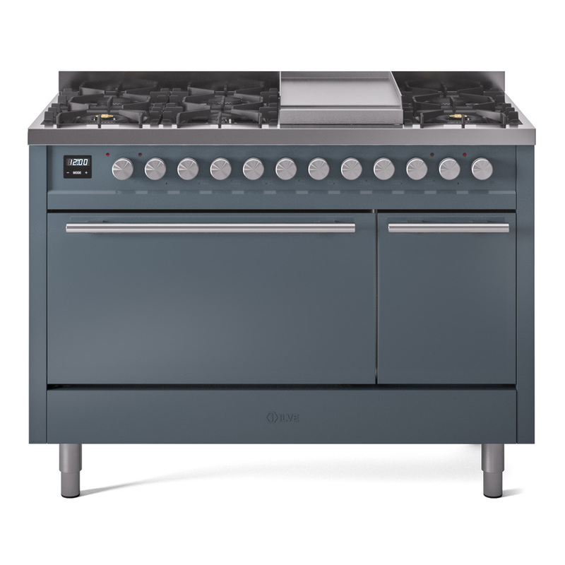 ILVE UP48FQMPBGLP Professional Plus II 48" Dual Fuel Range  (8 Sealed Burners + Griddle, Liquid Propane, Solid Door, Blue Grey)