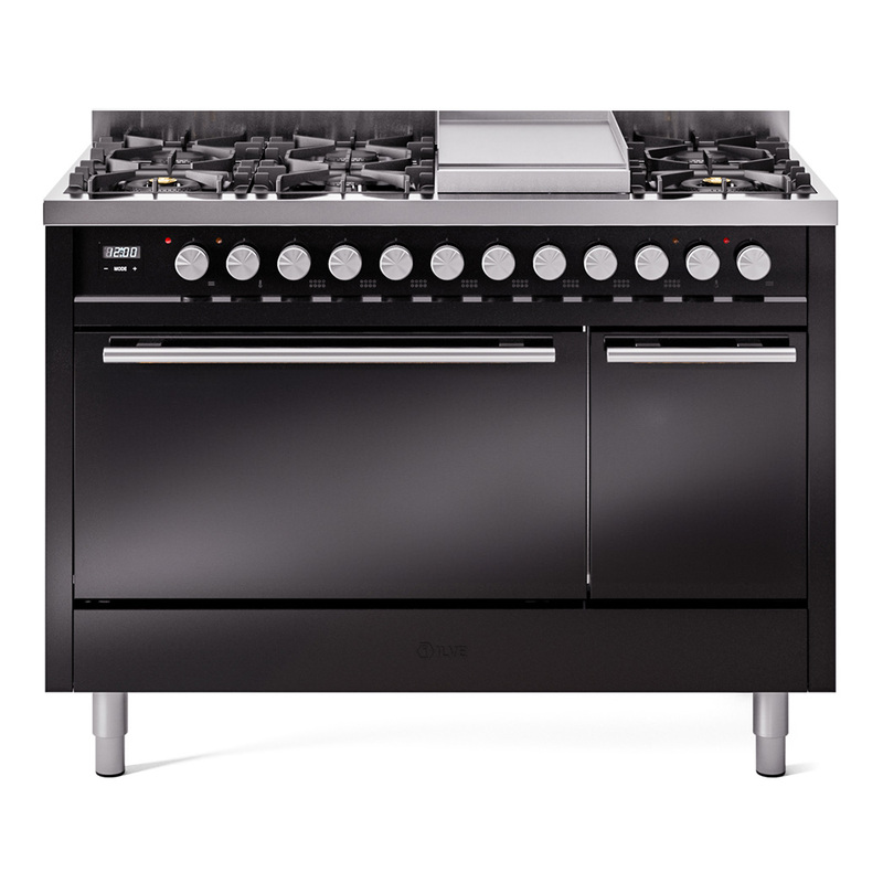 ILVE UP48FQMPBKLP Professional Plus II 48" Dual Fuel Range  (8 Sealed Burners + Griddle, Liquid Propane, Solid Door, Glossy Black)