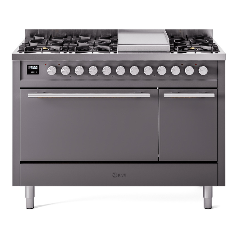 ILVE UP48FQMPMGLP Professional Plus II 48" Dual Fuel Range  (8 Sealed Burners + Griddle, Liquid Propane, Solid Door, Graphite Matte)