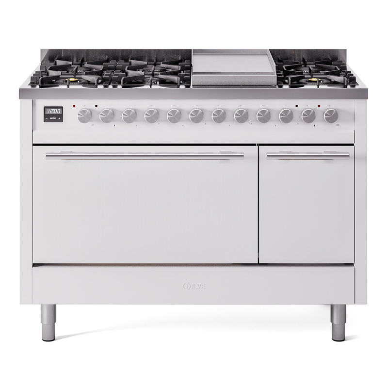 ILVE UP48FQMPWHLP Professional Plus II 48" Dual Fuel Range  (8 Sealed Burners + Griddle, Liquid Propane, Solid Door, White)