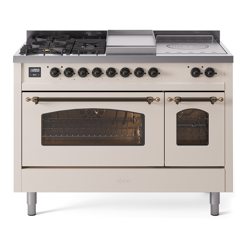 ILVE UP48FSNMPAWBLP Nostalgie II 48" Dual Fuel Range (5 Sealed Burners + Griddle + French Top, Liquid Propane, Triple Glass Door, Antique White, Bronze)