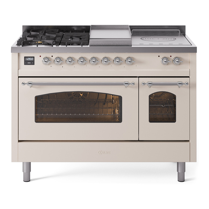 ILVE UP48FSNMPAWCLP Nostalgie II 48" Dual Fuel Range (5 Sealed Burners + Griddle + French Top, Liquid Propane, Triple Glass Door, Antique White, Chrome)