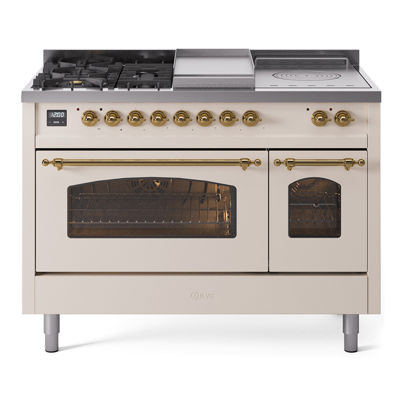 ILVE UP48FSNMPAWGLP Nostalgie II 48" Dual Fuel Range (5 Sealed Burners + Griddle + French Top, Liquid Propane, Triple Glass Door, Antique White, Brass)