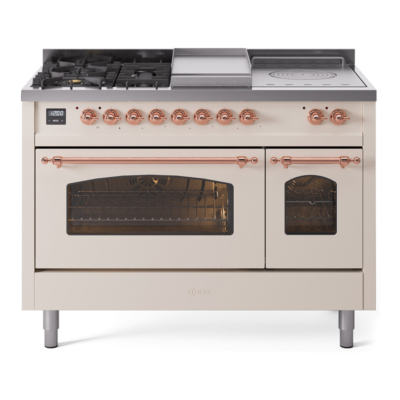 ILVE UP48FSNMPAWPLP Nostalgie II 48" Dual Fuel Range (5 Sealed Burners + Griddle + French Top, Liquid Propane, Triple Glass Door, Antique White, Copper)