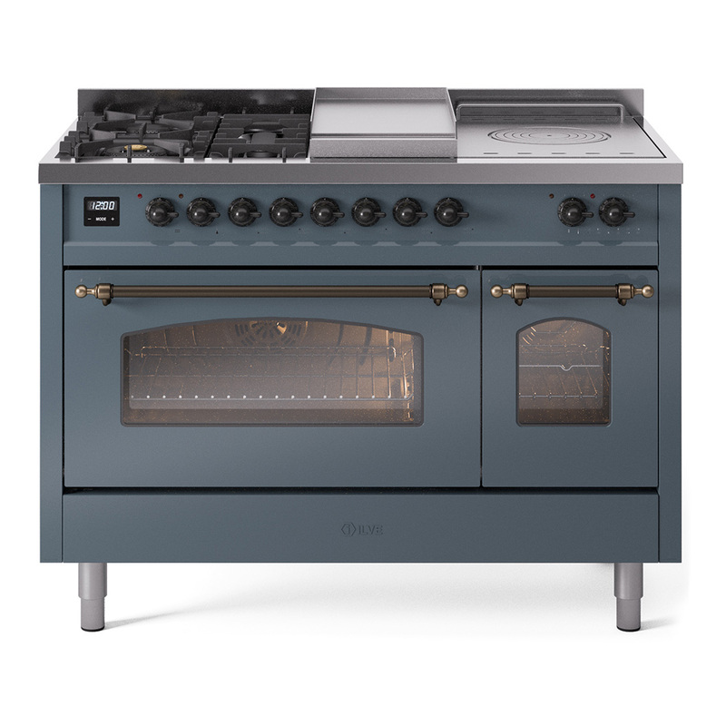 ILVE UP48FSNMPBGBLP Nostalgie II 48" Dual Fuel Range (5 Sealed Burners + Griddle + French Top, Liquid Propane, Triple Glass Door, Blue Grey, Bronze)