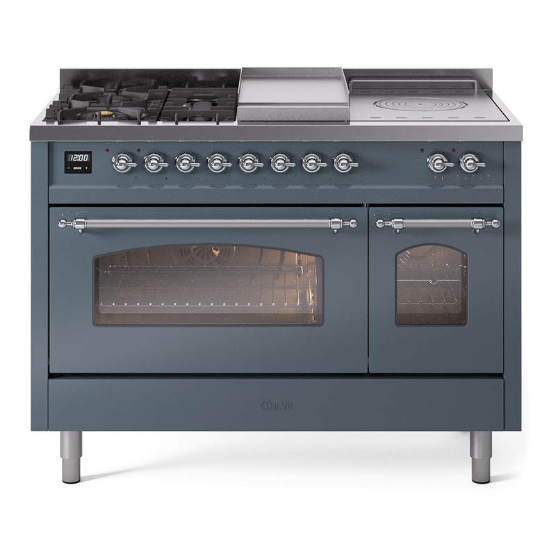 ILVE UP48FSNMPBGCLP Nostalgie II 48" Dual Fuel Range (5 Sealed Burners + Griddle + French Top, Liquid Propane, Triple Glass Door, Blue Grey, Chrome)