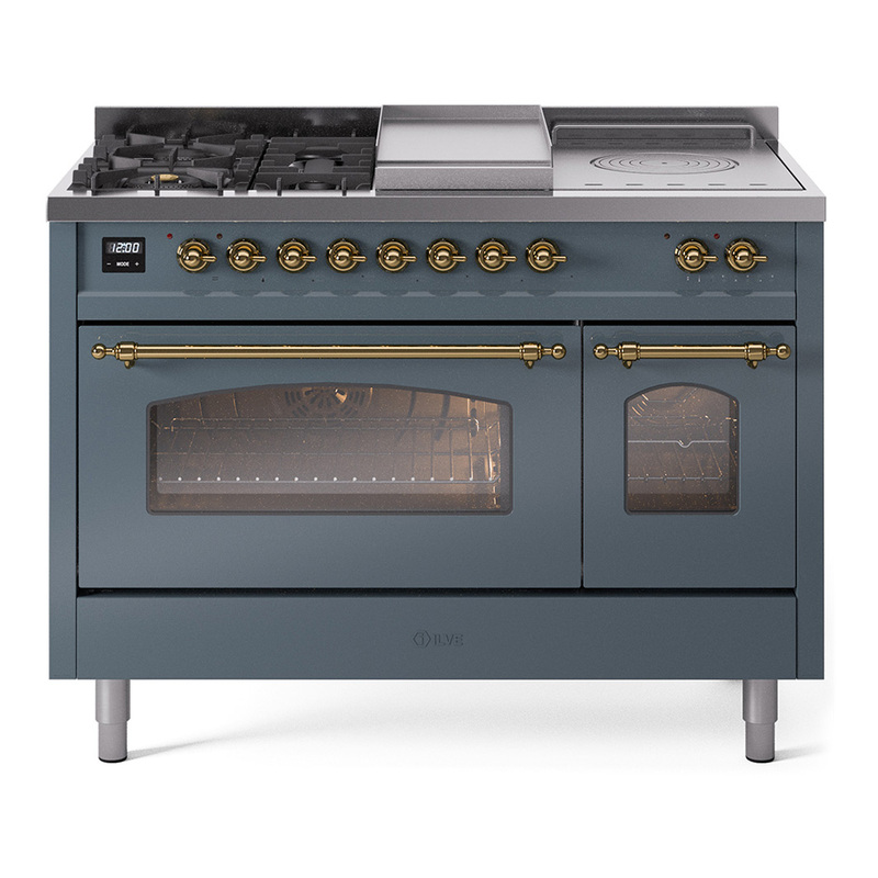 ILVE UP48FSNMPBGGLP Nostalgie II 48" Dual Fuel Range (5 Sealed Burners + Griddle + French Top, Liquid Propane, Triple Glass Door, Blue Grey, Brass)