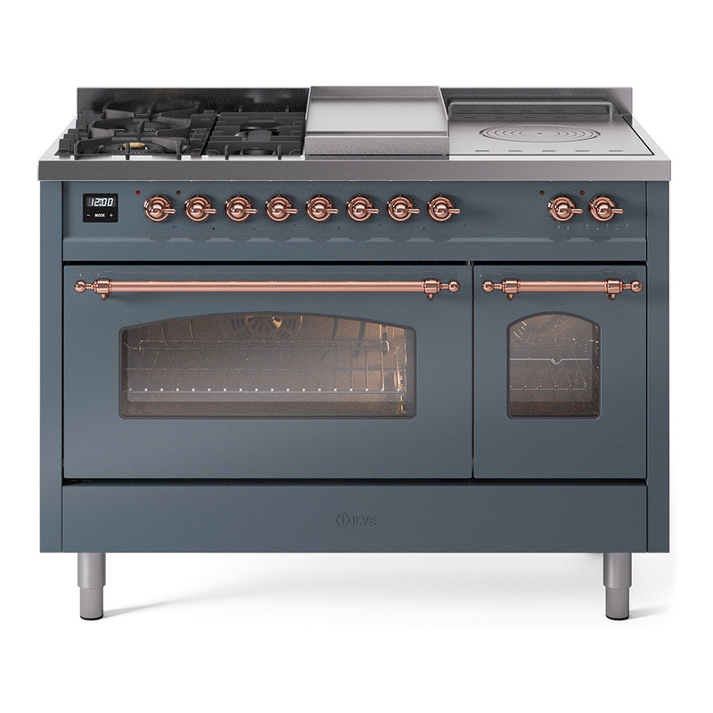 ILVE UP48FSNMPBGPLP Nostalgie II 48" Dual Fuel Range (5 Sealed Burners + Griddle + French Top, Liquid Propane, Triple Glass Door, Blue Grey, Copper)