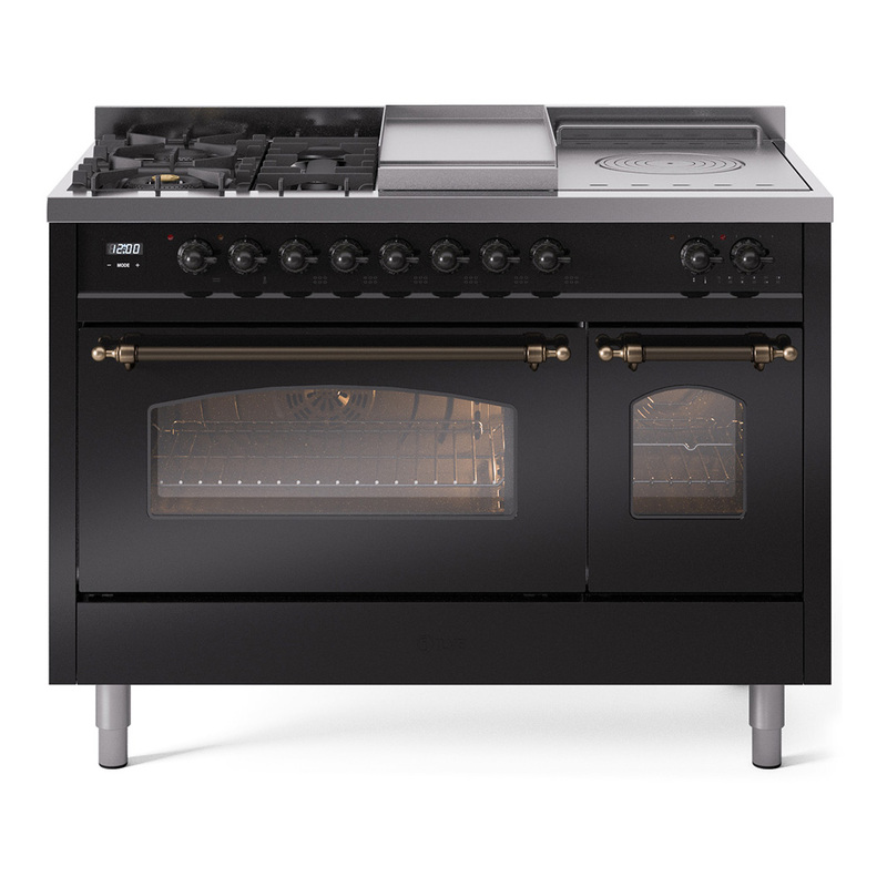 ILVE UP48FSNMPBKBLP Nostalgie II 48" Dual Fuel Range (5 Sealed Burners + Griddle + French Top, Liquid Propane, Triple Glass Door, Glossy Black, Bronze)