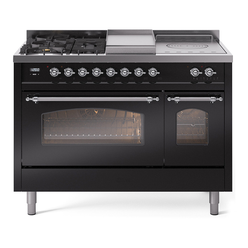 ILVE UP48FSNMPBKCLP Nostalgie II 48" Dual Fuel Range (5 Sealed Burners + Griddle + French Top, Liquid Propane, Triple Glass Door, Glossy Black, Chrome)