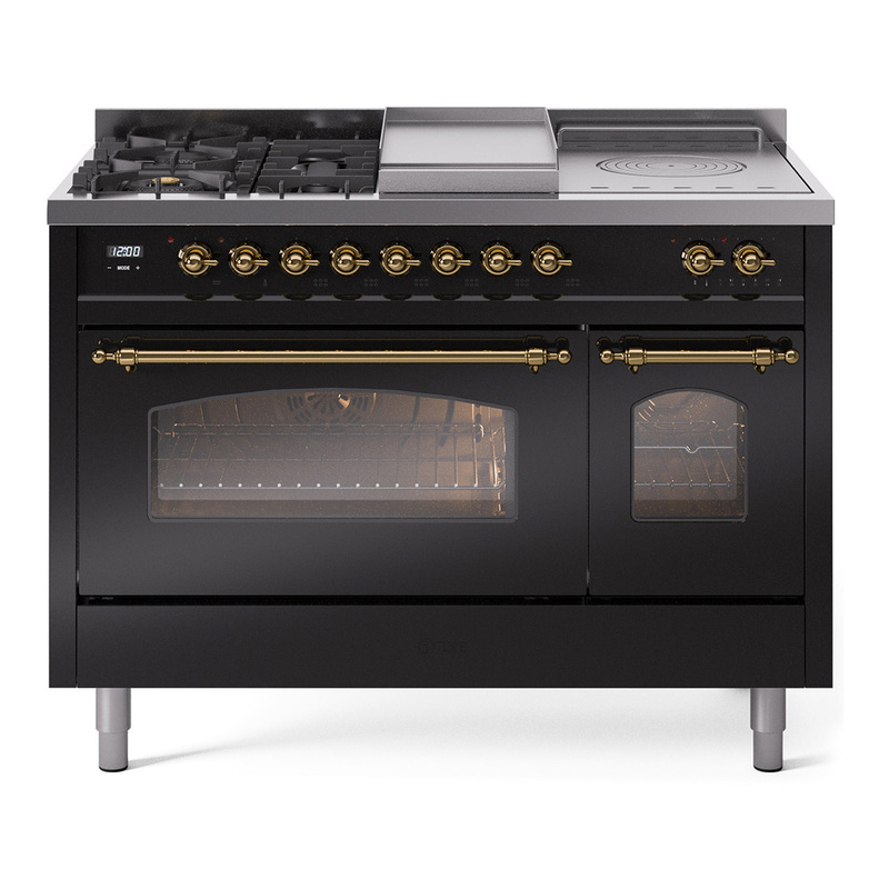 ILVE UP48FSNMPBKGLP Nostalgie II 48" Dual Fuel Range (5 Sealed Burners + Griddle + French Top, Liquid Propane, Triple Glass Door, Glossy Black, Brass)