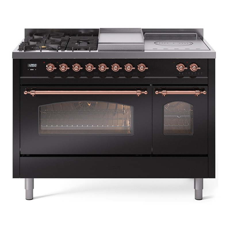 ILVE UP48FSNMPBKPLP Nostalgie II 48" Dual Fuel Range (5 Sealed Burners + Griddle + French Top, Liquid Propane, Triple Glass Door, Glossy Black, Copper)