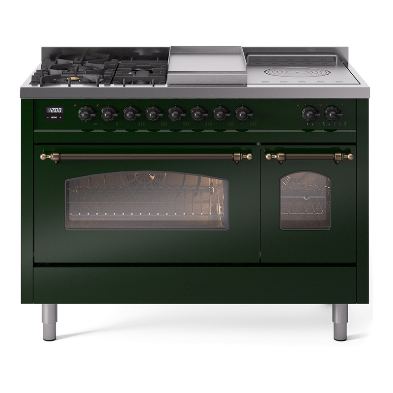 ILVE UP48FSNMPEGBLP Nostalgie II 48" Dual Fuel Range (5 Sealed Burners + Griddle + French Top, Liquid Propane, Triple Glass Door, Emerald Green, Burnished)