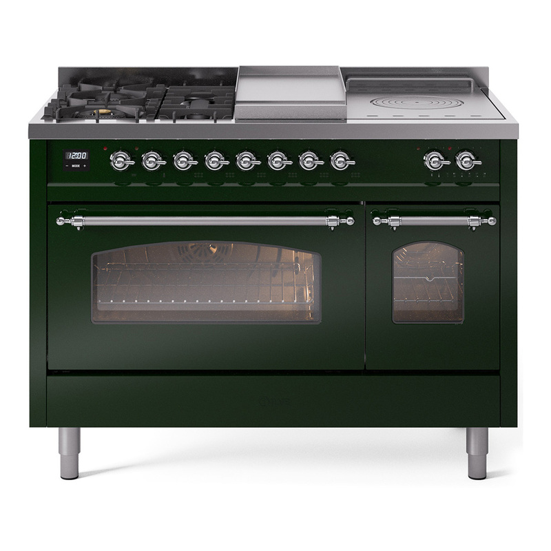 ILVE UP48FSNMPEGC Nostalgie II 48" Dual Fuel Range (5 Sealed Burners + Griddle + French Top, Natural Gas, Triple Glass Door, Emerald Green, Chrome)