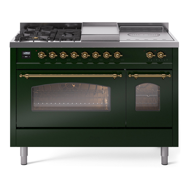 ILVE UP48FSNMPEGG Nostalgie II 48" Dual Fuel Range (5 Sealed Burners + Griddle + French Top, Natural Gas, Triple Glass Door, Emerald Green, Brass)