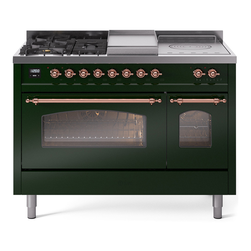 ILVE UP48FSNMPEGP Nostalgie II 48" Dual Fuel Range (5 Sealed Burners + Griddle + French Top, Natural Gas, Triple Glass Door, Emerald Green, Copper)
