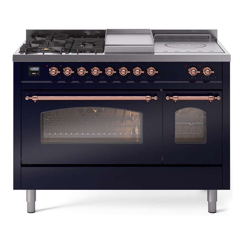 ILVE UP48FSNMPMBP Nostalgie II 48" Dual Fuel Range (5 Sealed Burners + Griddle + French Top, Natural Gas, Triple Glass Door, Midnight Blue, Copper)