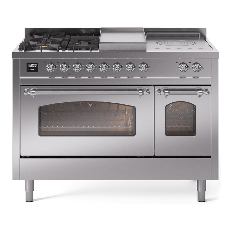 ILVE UP48FSNMPSSCLP Nostalgie II 48" Dual Fuel Range (5 Sealed Burners + Griddle + French Top, Liquid Propane, Triple Glass Door, Stainless Steel, Chrome)