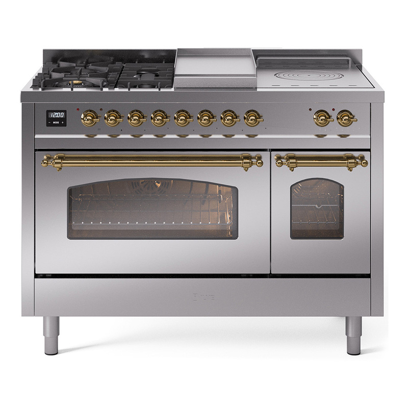 ILVE UP48FSNMPSSG Nostalgie II 48" Dual Fuel Range (5 Sealed Burners + Griddle + French Top, Natural Gas, Triple Glass Door, Stainless Steel, Brass)