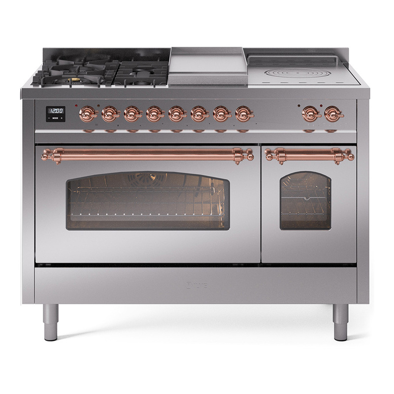 ILVE UP48FSNMPSSP Nostalgie II 48" Dual Fuel Range (5 Sealed Burners + Griddle + French Top, Natural Gas, Triple Glass Door, Stainless Steel, Copper)