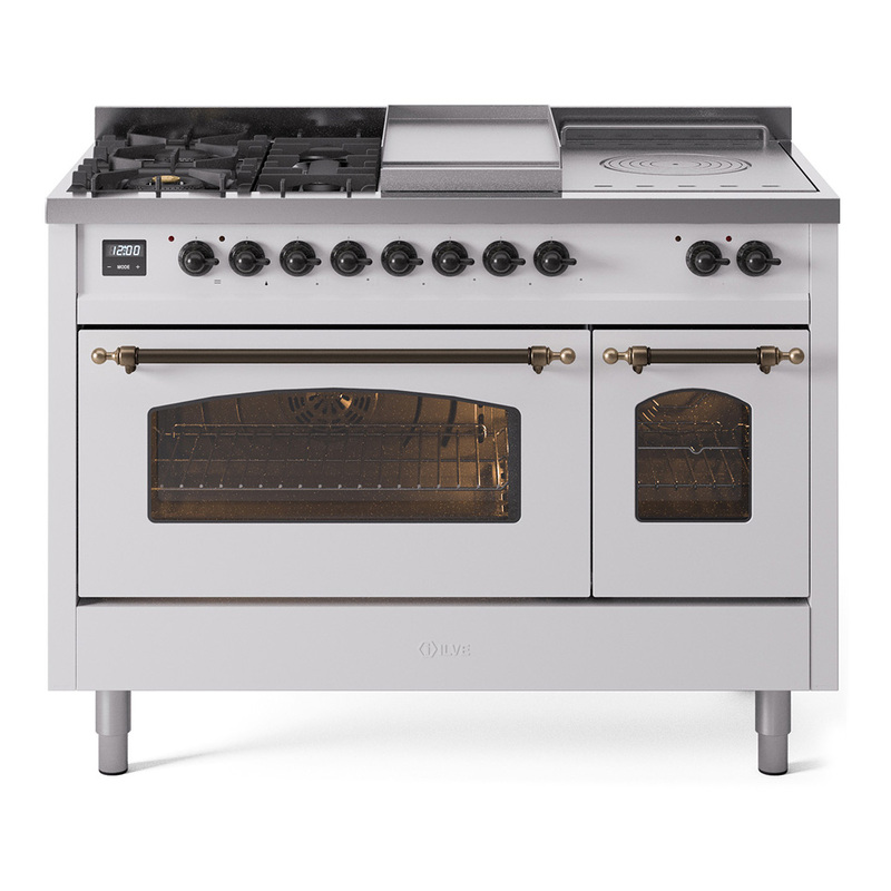 ILVE UP48FSNMPWHB Nostalgie II 48" Dual Fuel Range (5 Sealed Burners + Griddle + French Top, Natural Gas, Triple Glass Door, White, Bronze)