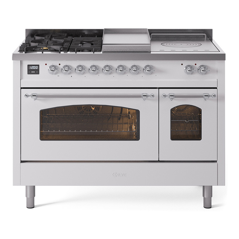 ILVE UP48FSNMPWHC Nostalgie II 48" Dual Fuel Range (5 Sealed Burners + Griddle + French Top, Natural Gas, Triple Glass Door, White, Chrome)