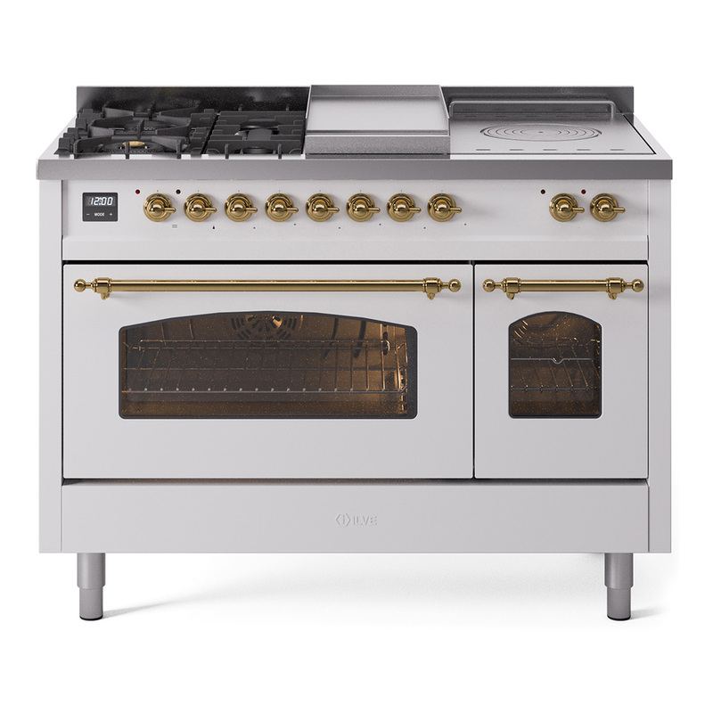 ILVE UP48FSNMPWHG Nostalgie II 48" Dual Fuel Range (5 Sealed Burners + Griddle + French Top, Natural Gas, Triple Glass Door, White, Brass)