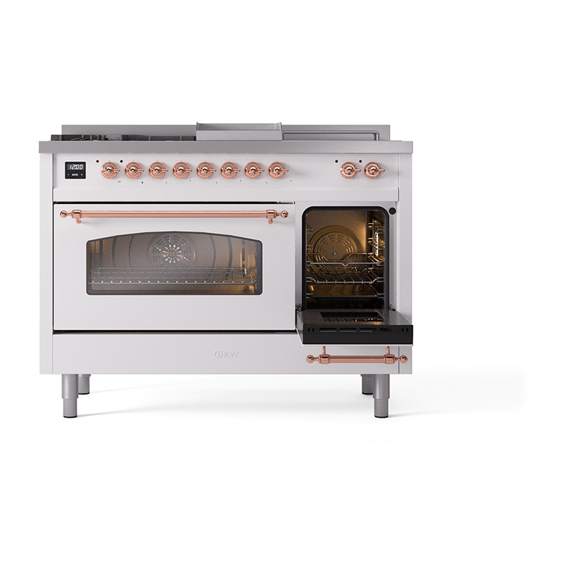 ILVE_UP48FSNMPWHPLP_Nostalgie_II_48"_Dual_Fuel_Range_side_oven_door_opened