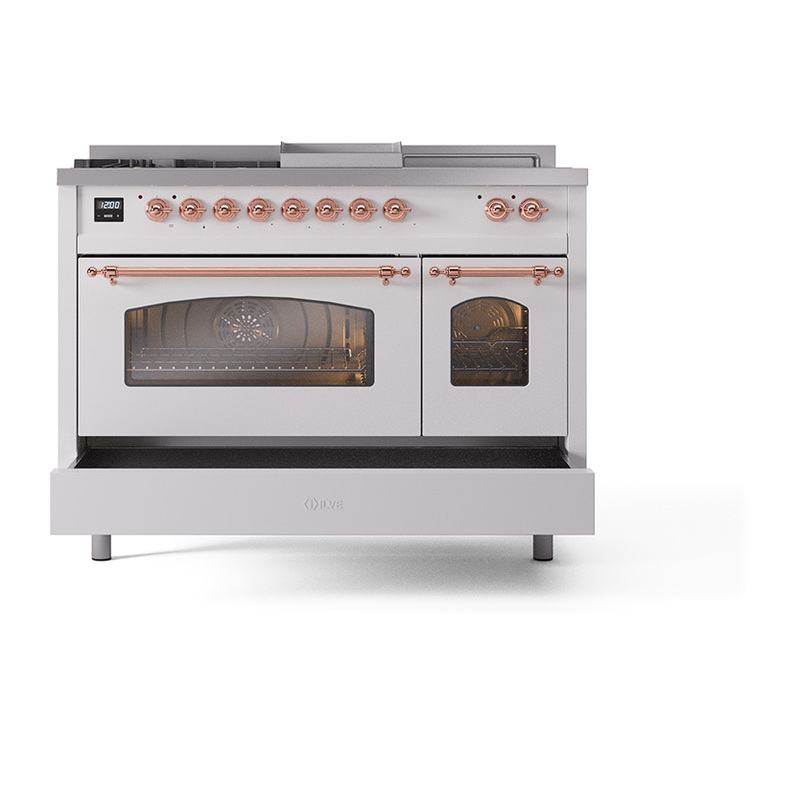 ILVE_UP48FSNMPWHPLP_Nostalgie_II_48"_Dual_Fuel_Range_drawer_opened