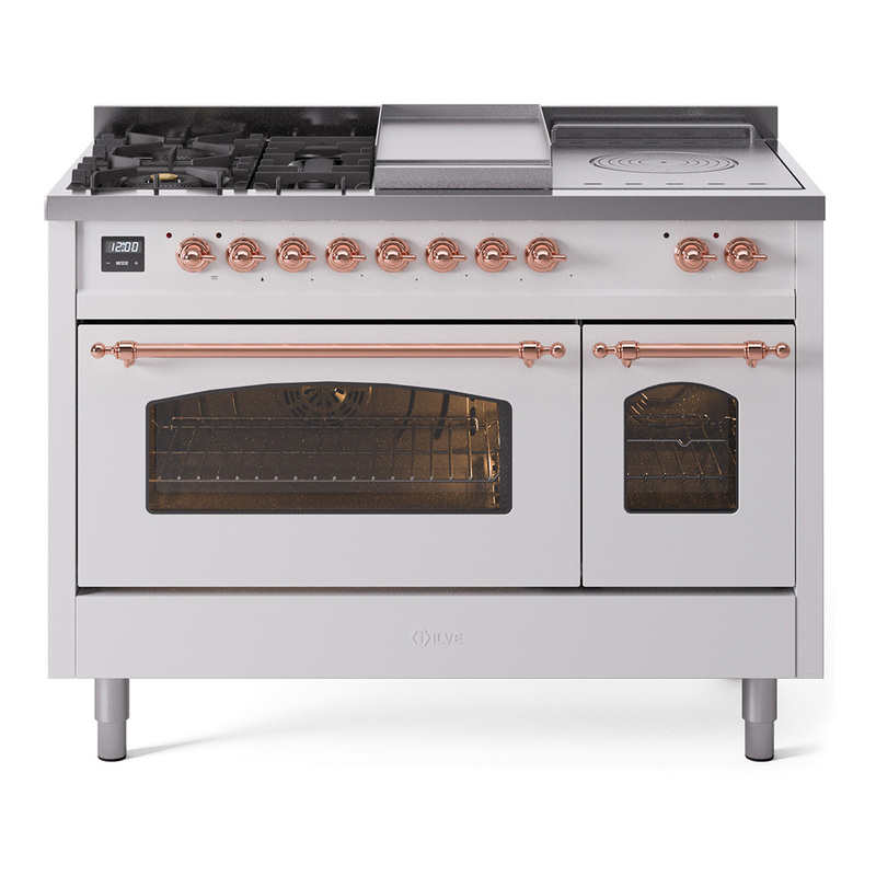 ILVE UP48FSNMPWHP Nostalgie II 48" Dual Fuel Range (5 Sealed Burners + Griddle + French Top, Natural Gas, Triple Glass Door, White, Copper)
