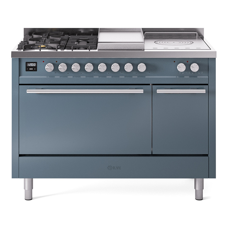 ILVE UP48FSQMPBGLP Professional Plus II 48" Dual Fuel Range  (5 Sealed Burners + Griddle + French Top, Liquid Propane, Solid Door, Blue Grey)