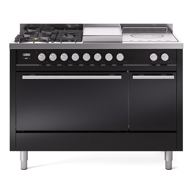 ILVE UP48FSQMPBKLP Professional Plus II 48" Dual Fuel Range  (5 Sealed Burners + Griddle + French Top, Liquid Propane, Solid Door, Glossy Black)