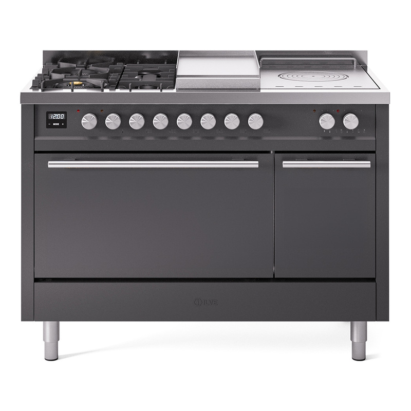 ILVE UP48FSQMPMGLP Professional Plus II 48" Dual Fuel Range  (5 Sealed Burners + Griddle + French Top, Liquid Propane, Solid Door, Graphite Matte)