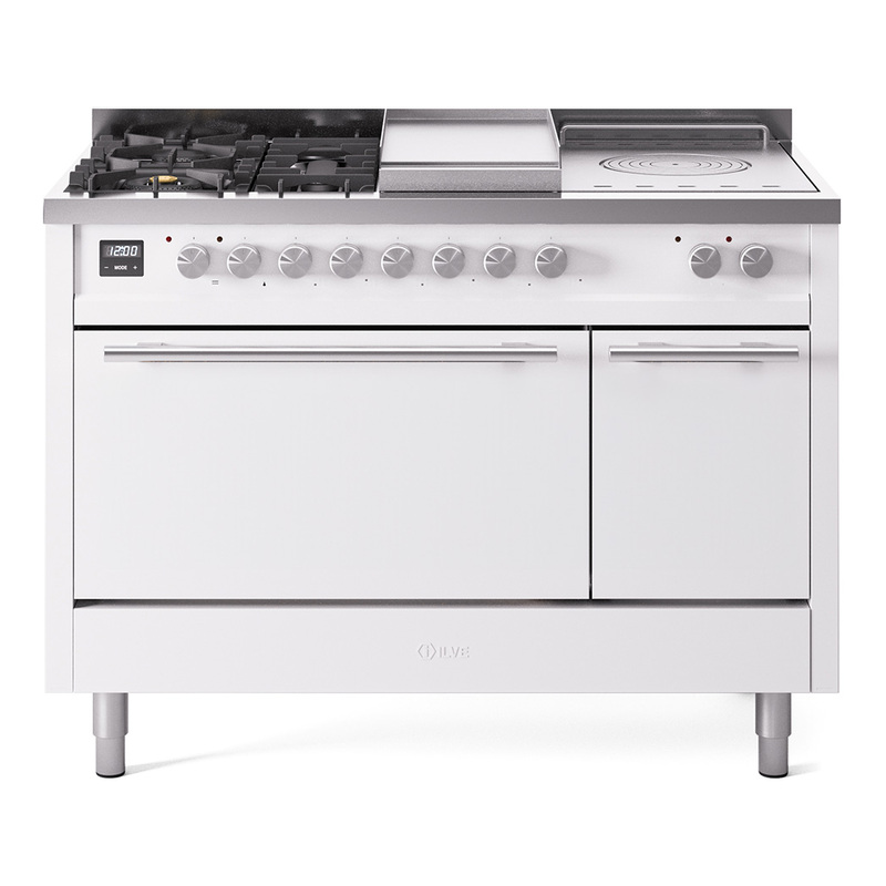 ILVE UP48FSQMPWHLP Professional Plus II 48" Dual Fuel Range  (5 Sealed Burners + Griddle + French Top, Liquid Propane, Solid Door, White)