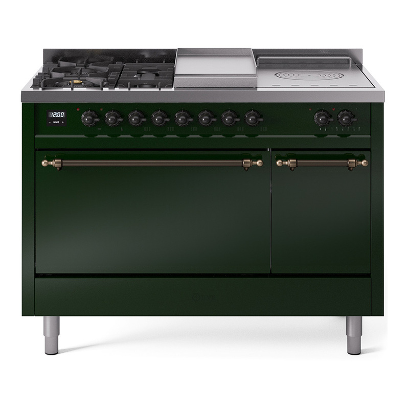 ILVE UP48FSQNMPEGB Nostalgie II 48" Dual Fuel Range (5 Sealed Burners + Griddle + French Top, Natural Gas, Solid Door, Emerald Green, Bronze)