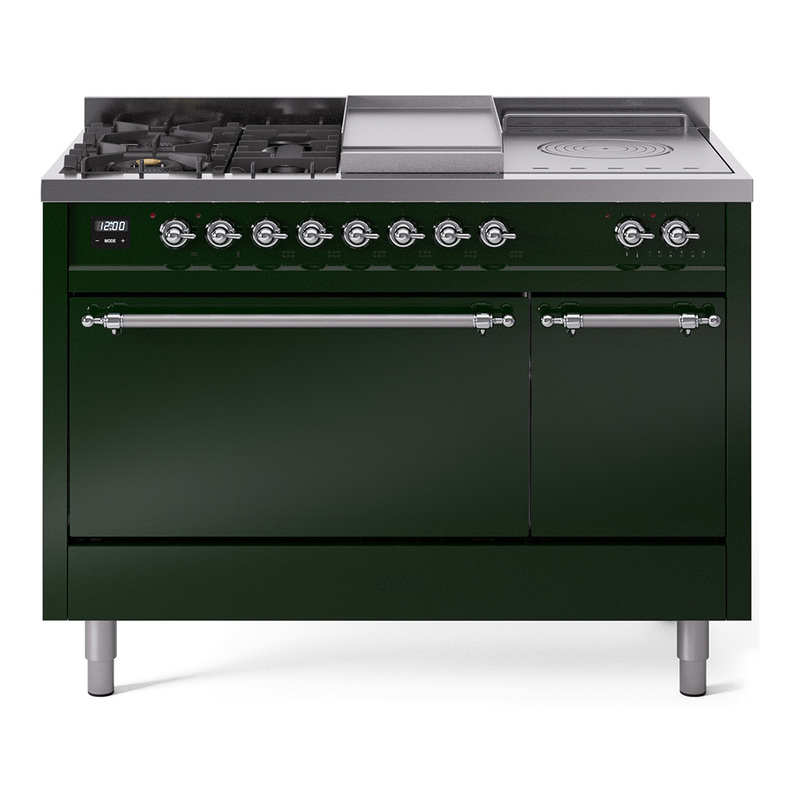 ILVE UP48FSQNMPEGC Nostalgie II 48" Dual Fuel Range (5 Sealed Burners + Griddle + French Top, Natural Gas, Solid Door, Emerald Green, Chrome)