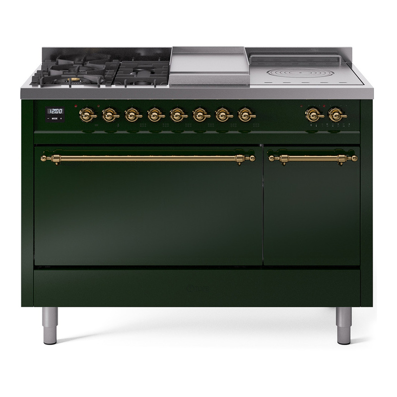 ILVE UP48FSQNMPEGGLP Nostalgie II 48" Dual Fuel Range (5 Sealed Burners + Griddle + French Top, Liquid Propane, Solid Door, Emerald Green, Brass)