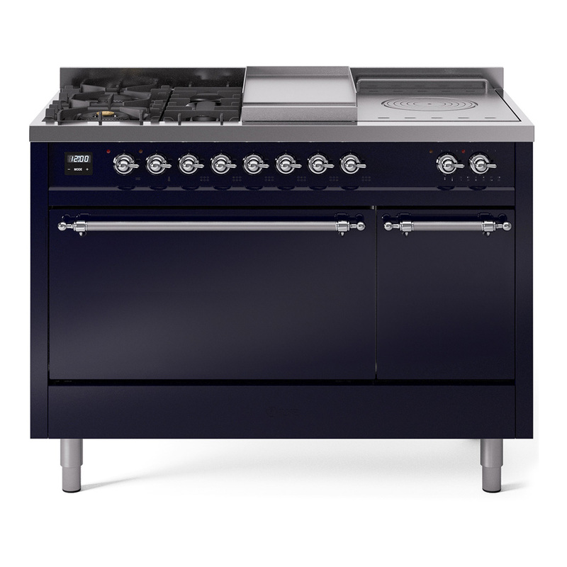 ILVE UP48FSQNMPMBC Nostalgie II 48" Dual Fuel Range (5 Sealed Burners + Griddle + French Top, Natural Gas, Solid Door, Midnight Blue, Chrome)