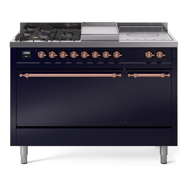 ILVE UP48FSQNMPMBP Nostalgie II 48" Dual Fuel Range (5 Sealed Burners + Griddle + French Top, Natural Gas, Solid Door, Midnight Blue, Copper)