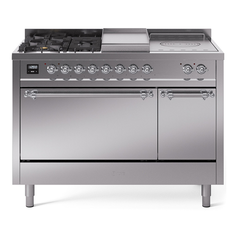 ILVE UP48FSQNMPSSC Nostalgie II 48" Dual Fuel Range (5 Sealed Burners + Griddle + French Top, Natural Gas, Solid Door, Stainless Steel, Chrome)