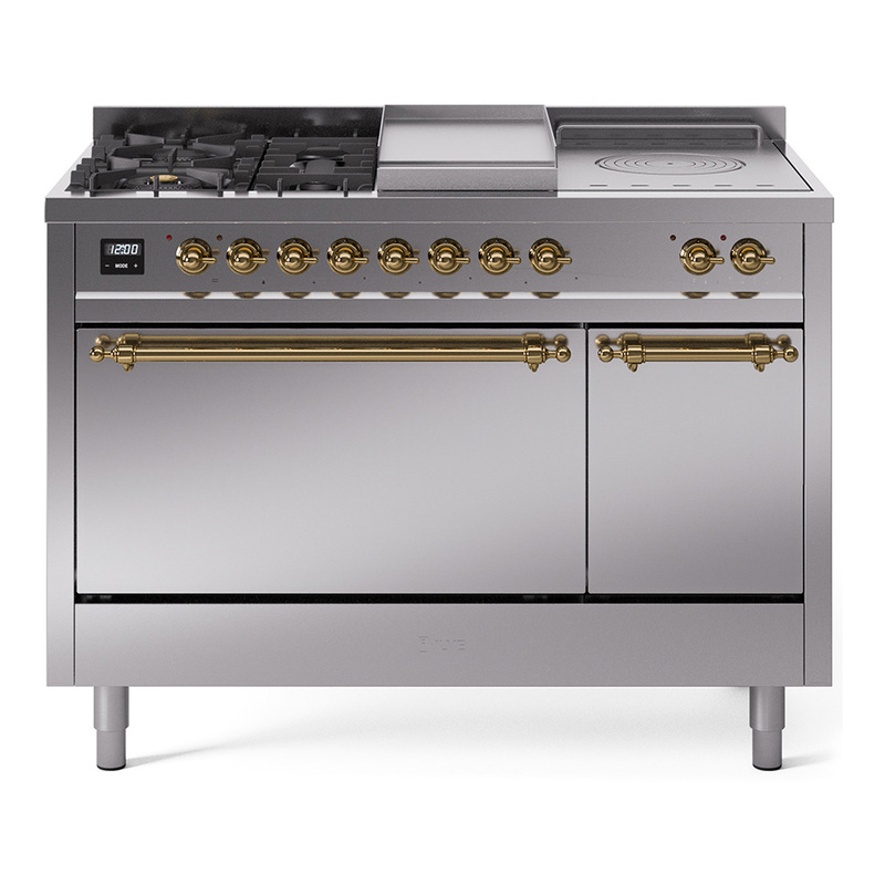 ILVE UP48FSQNMPSSGLP Nostalgie II 48" Dual Fuel Range (5 Sealed Burners + Griddle + French Top, Liquid Propane, Solid Door, Stainless Steel, Brass)