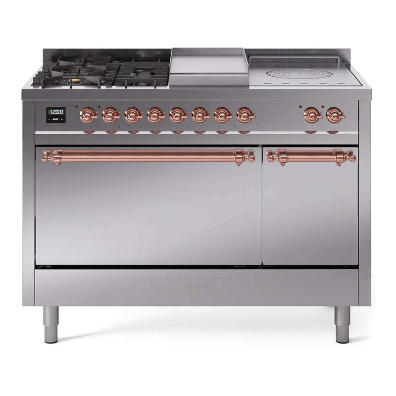ILVE UP48FSQNMPSSP Nostalgie II 48" Dual Fuel Range (5 Sealed Burners + Griddle + French Top, Natural Gas, Solid Door, Stainless Steel, Copper)
