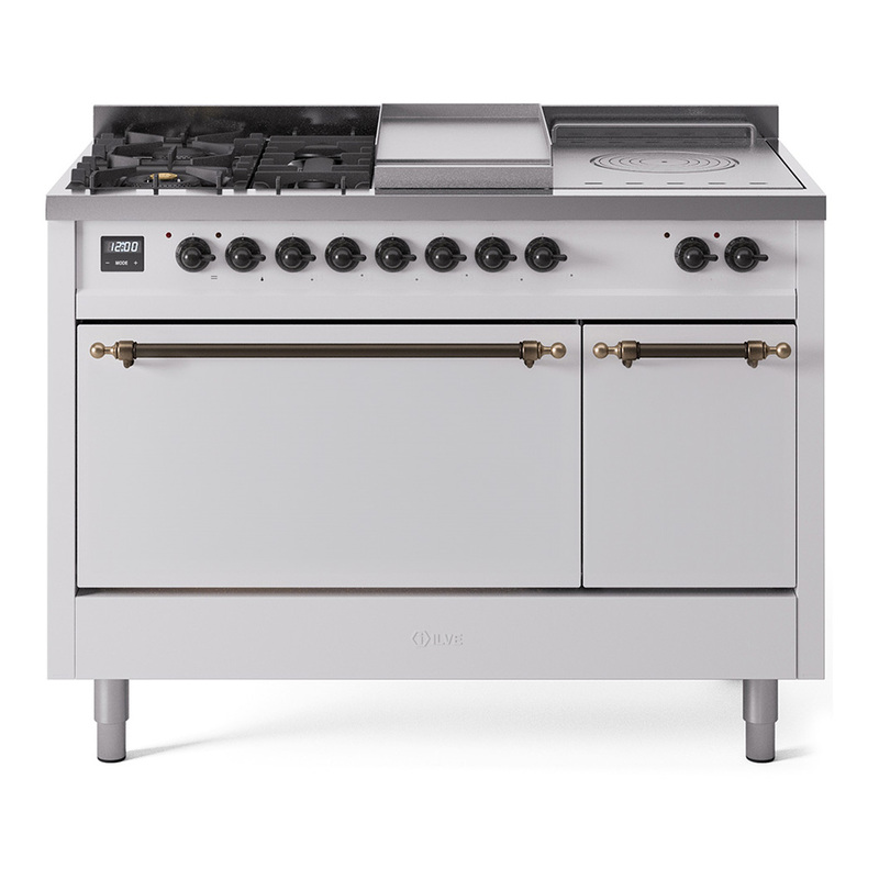 ILVE UP48FSQNMPWHB Nostalgie II 48" Dual Fuel Range (5 Sealed Burners + Griddle + French Top, Natural Gas, Solid Door, White, Bronze)