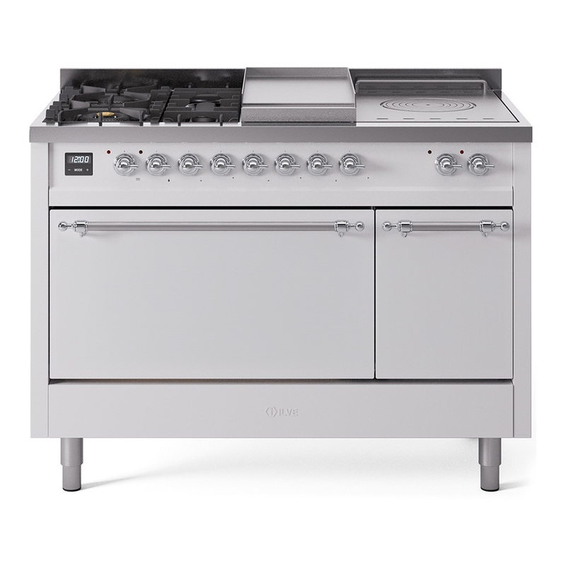 ILVE UP48FSQNMPWHCLP Nostalgie II 48" Dual Fuel Range (5 Sealed Burners + Griddle + French Top, Liquid Propane, Solid Door, White, Chrome)
