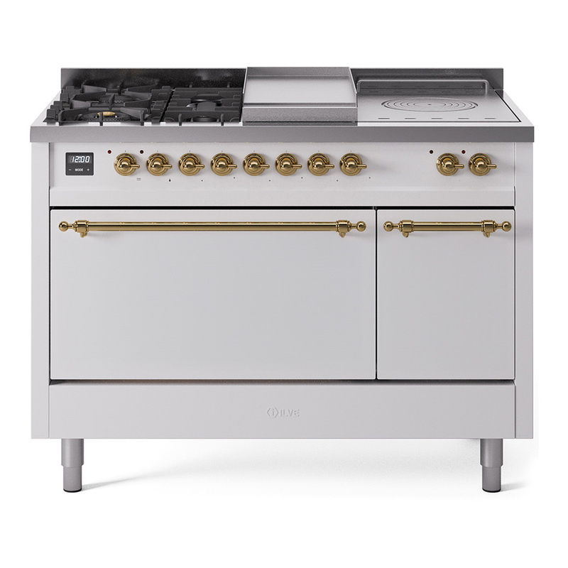 ILVE UP48FSQNMPWHGLP Nostalgie II 48" Dual Fuel Range (5 Sealed Burners + Griddle + French Top, Liquid Propane, Solid Door, White, Brass)