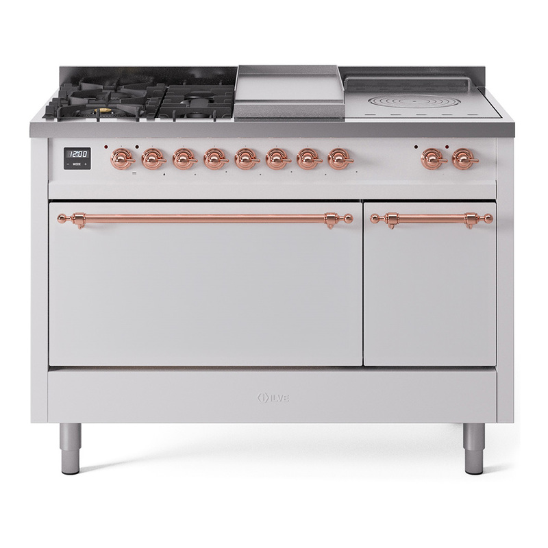ILVE UP48FSQNMPWHPLP Nostalgie II 48" Dual Fuel Range (5 Sealed Burners + Griddle + French Top, Liquid Propane, Solid Door, White, Copper)