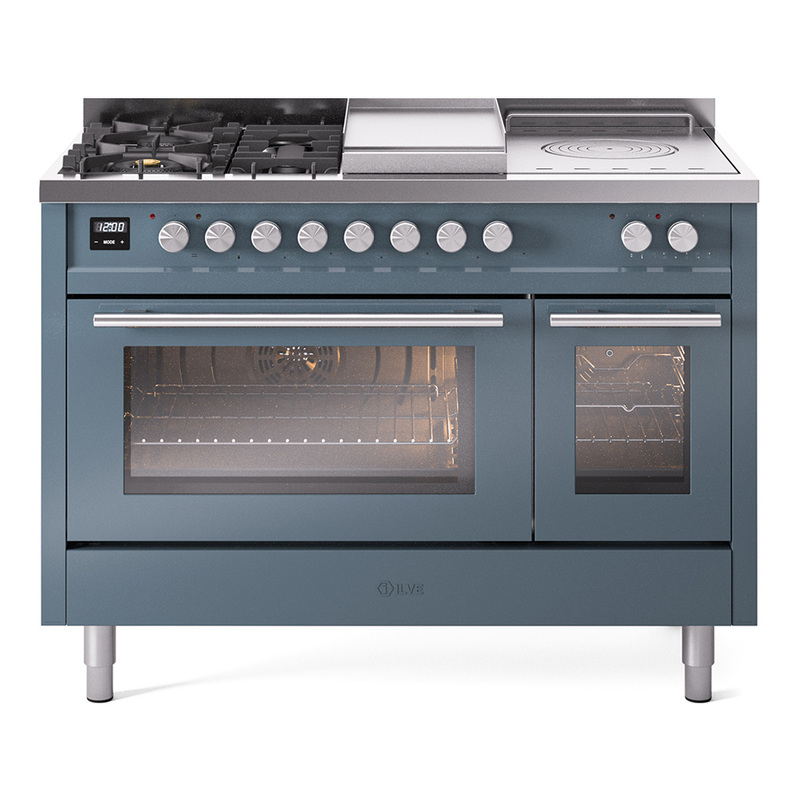 ILVE UP48FSWMPBGLP Professional Plus II 48" Dual Fuel Range  (5 Sealed Burners + Griddle + French Top, Liquid Propane, Triple Glass Door, Blue Grey)