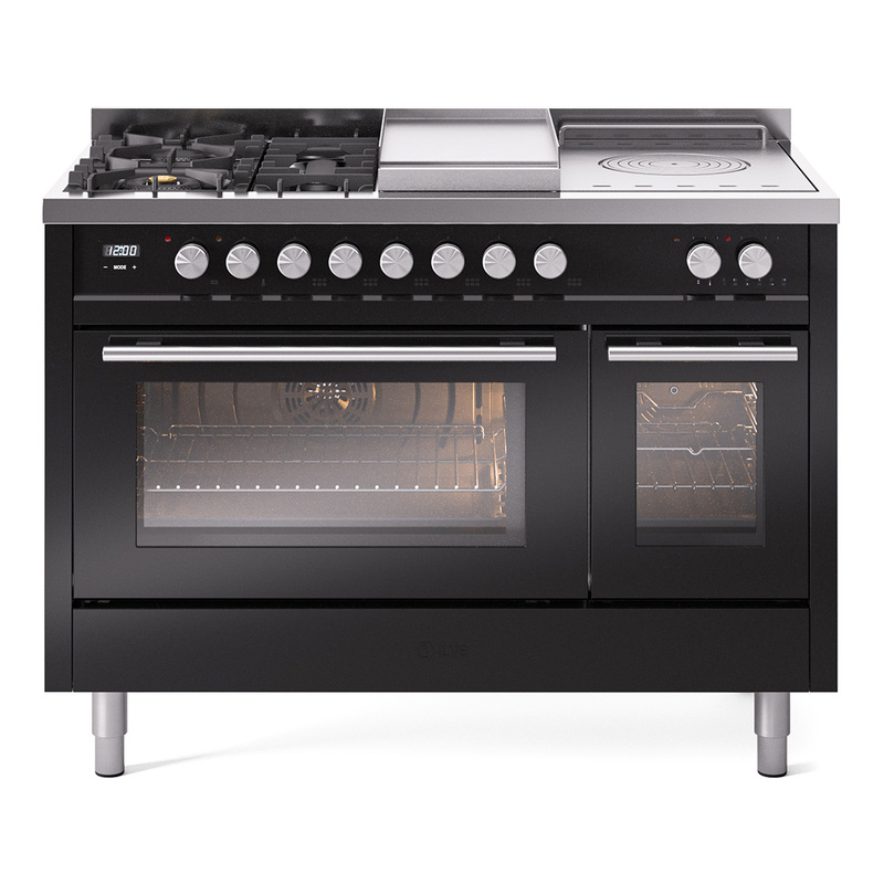 ILVE UP48FSWMPBKLP Professional Plus II 48" Dual Fuel Range  (5 Sealed Burners + Griddle + French Top, Liquid Propane, Triple Glass Door, Glossy Black)