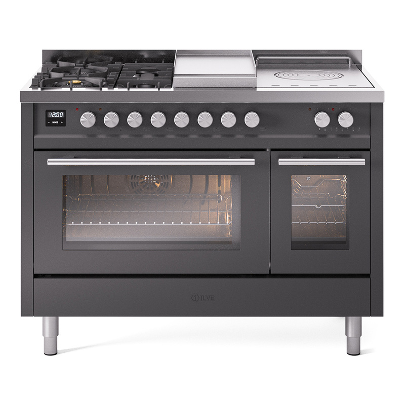 ILVE UP48FSWMPMGLP Professional Plus II 48" Dual Fuel Range  (5 Sealed Burners + Griddle + French Top, Liquid Propane, Triple Glass Door, Graphite Matte)